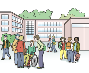 Schüler vor einem Schul-Gebäude